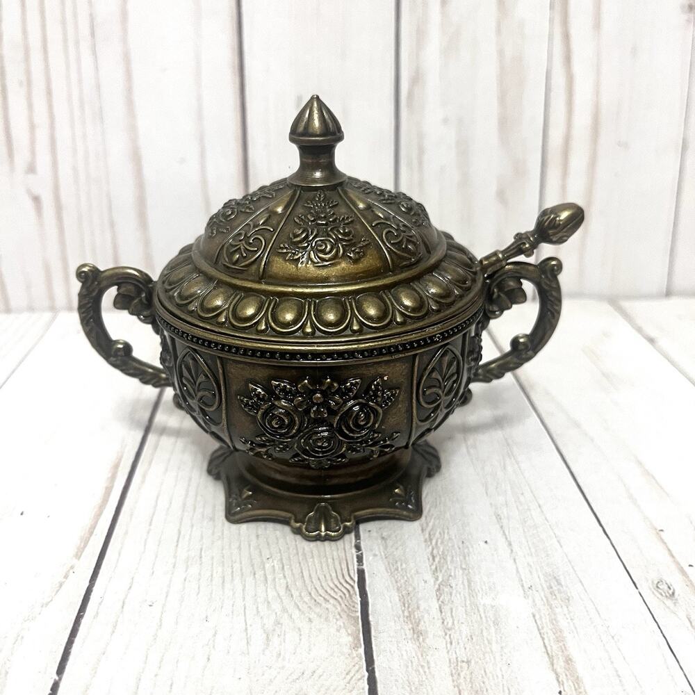 ARSAL Turkish Sugar Bowl w Spoon Made in Turkey Ornate Floral Brass Tone